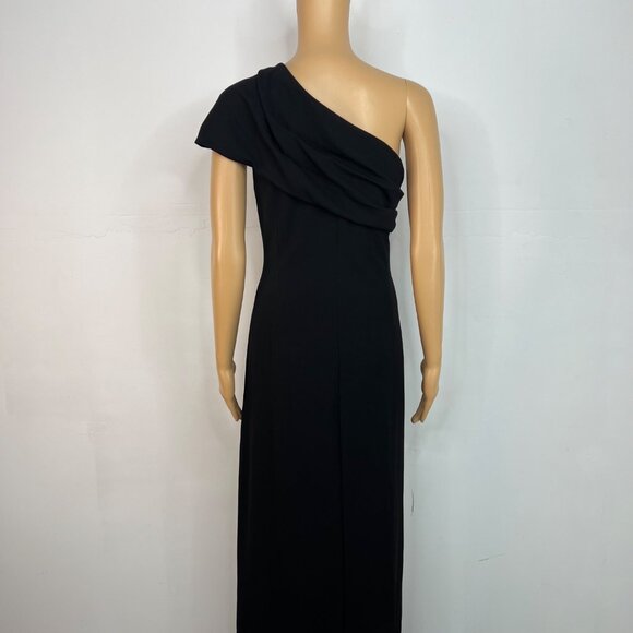 Adrianna Papell Crepe One Shoulder Maxi Gown Size 18 Black Stretch Dress - Picture 9 of 11